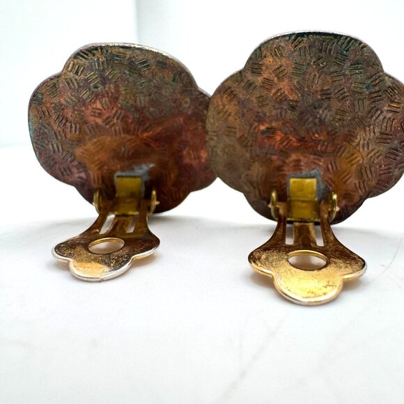 Cloisonne Enamel Earrings Lotus Flower & Butterfly Vintage Clip-On - Picture 7 of 9